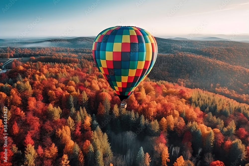  a colorful hot air balloon flying over a forest filled with trees in the fall colors of the season 