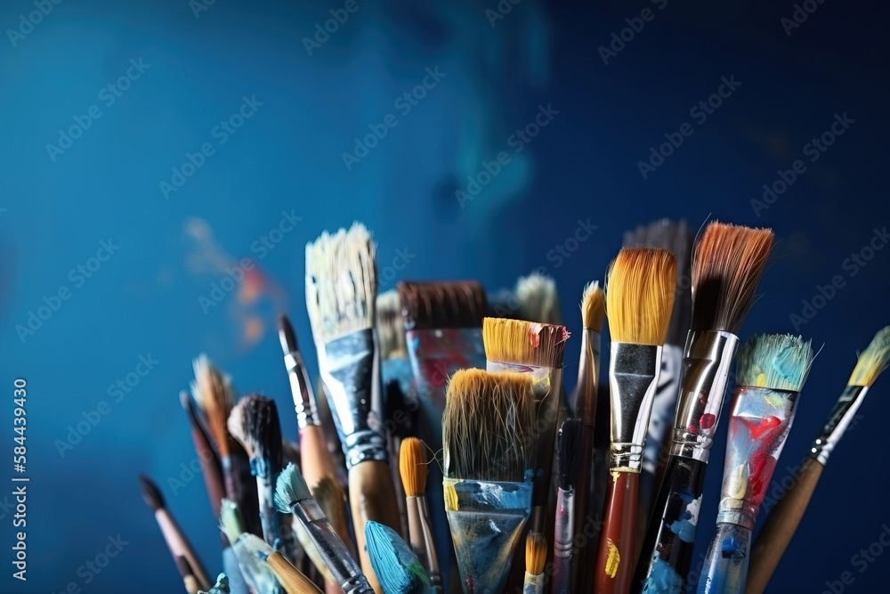  a bunch of paint brushes are in a cup on a table with a blue wall in the background and a blue wall