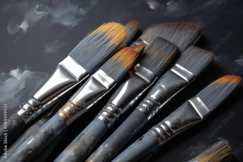  a group of paint brushes sitting on top of a table next to each other on top of a black tablecloth 