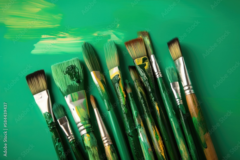  a group of paint brushes sitting on top of a green table top next to a green wall and a green backg