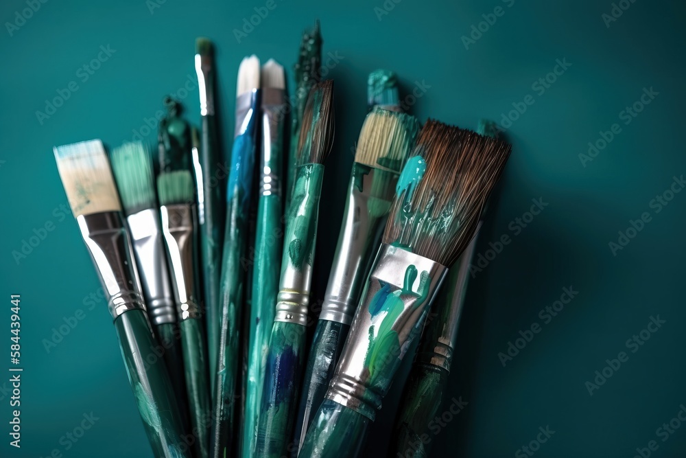  a group of paint brushes sitting on top of a green table top next to a cup of watercolors on a blue