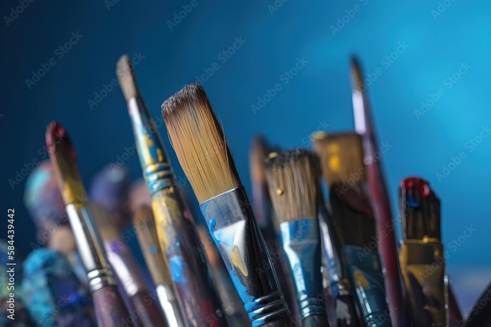  a close up of a bunch of paint brushes in a cup with a blue background in the back ground and a blu