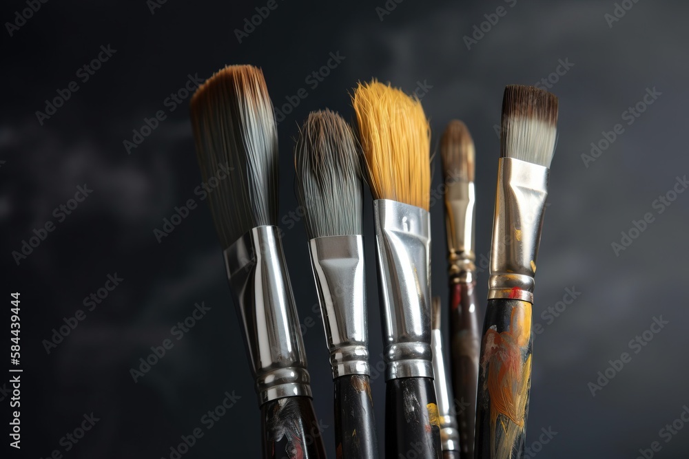  a group of brushes sitting in a cup on top of a table next to each other on a black surface with a 