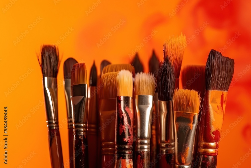  a close up of a bunch of brushes in a cup with a yellow wall in the background behind it and an ora