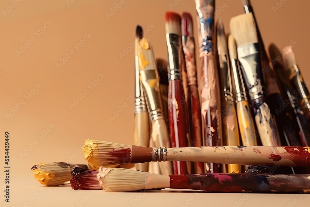  a bunch of paint brushes sitting on top of a table next to a pile of paintbrushes on a table top wi