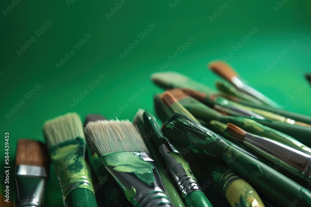  a bunch of paint brushes sitting on top of a green table top next to a green wall with a green back