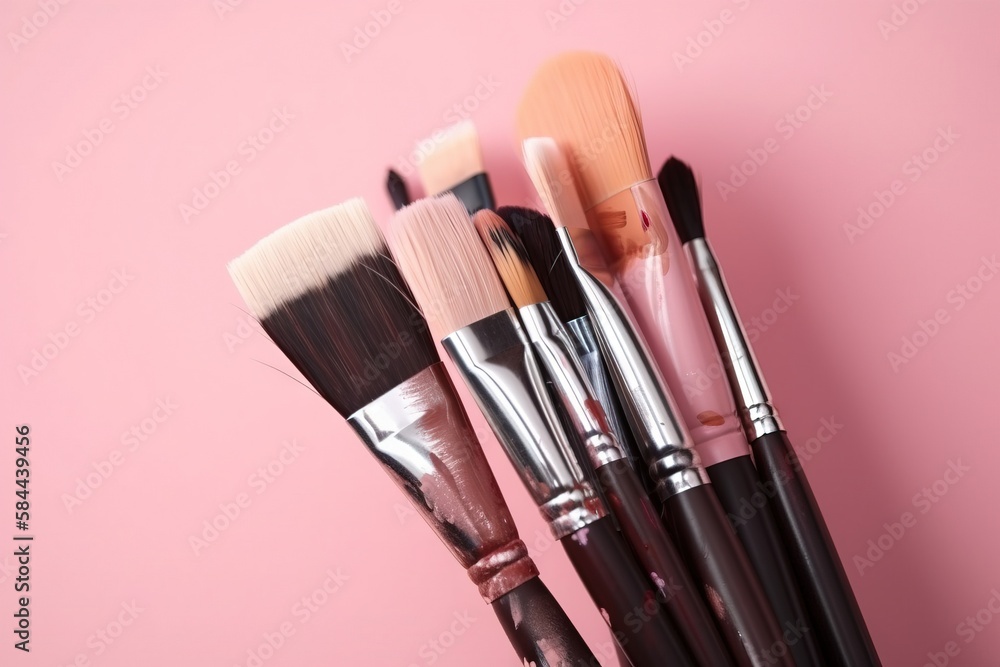  a group of brushes sitting next to each other on a pink background with a pink background behind th