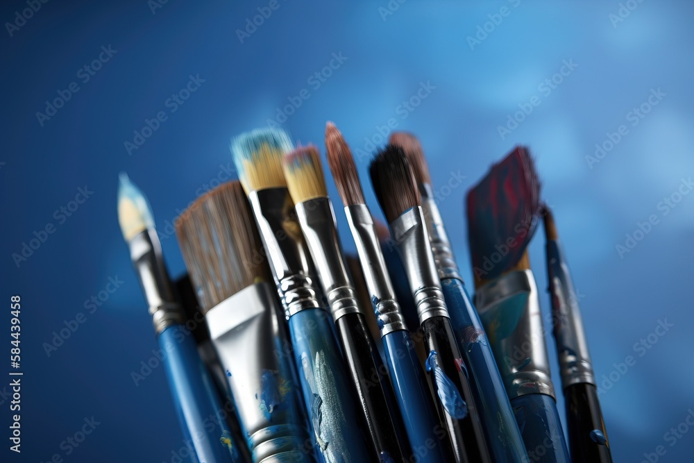  a close up of a bunch of paint brushes in a cup with a blue sky in the backgrouf of the picture beh