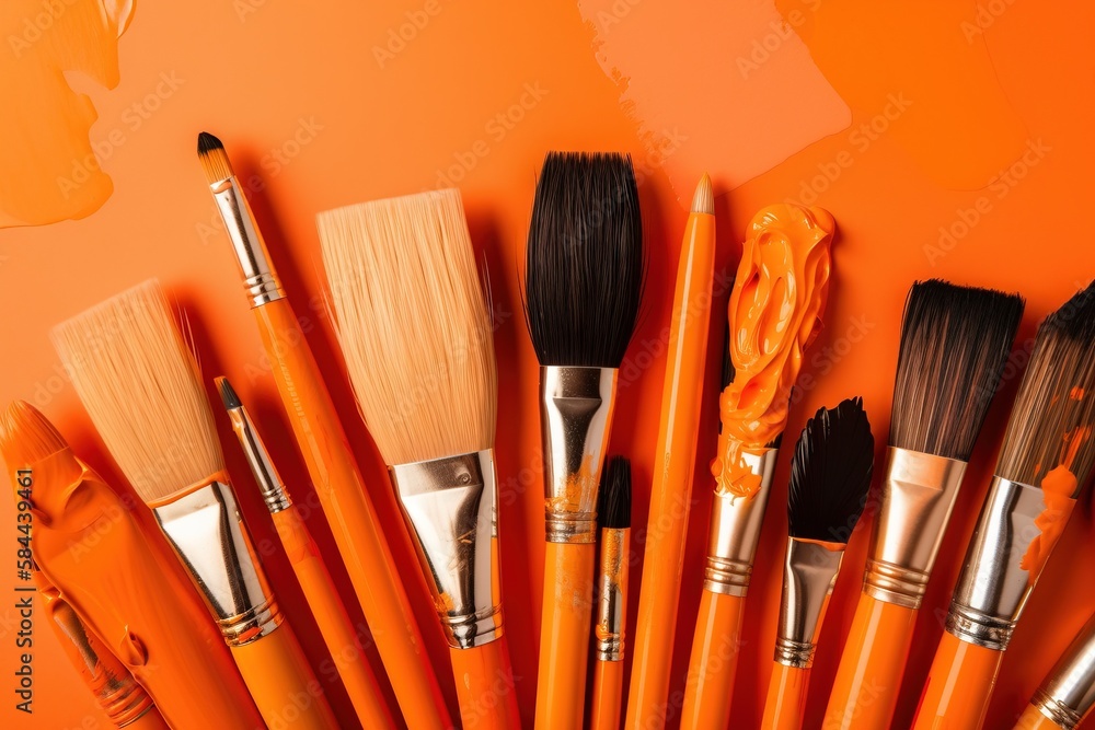  a group of paint brushes sitting on top of an orange table next to a brush holder with a paintbrush