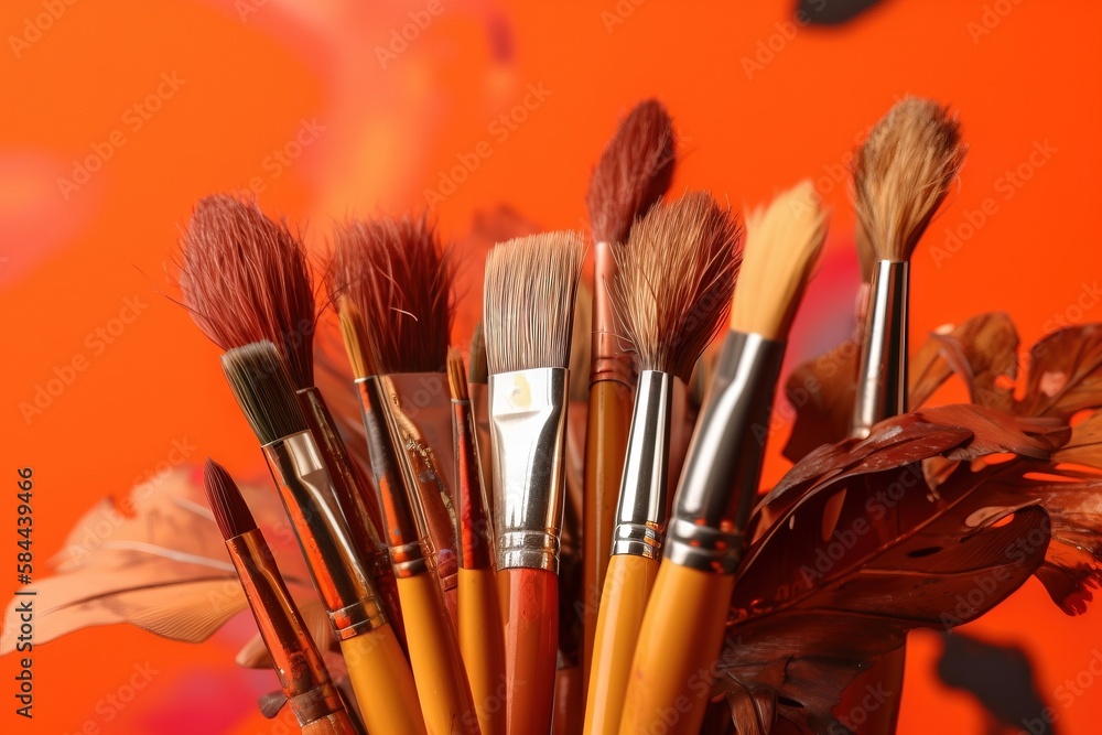  a vase filled with lots of different colored paintbrushes and brushes on a orange background with a