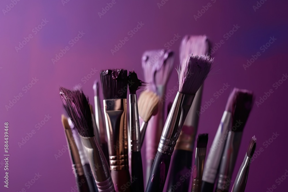  a cup filled with lots of different colored paintbrushes in its holder on a purple background with