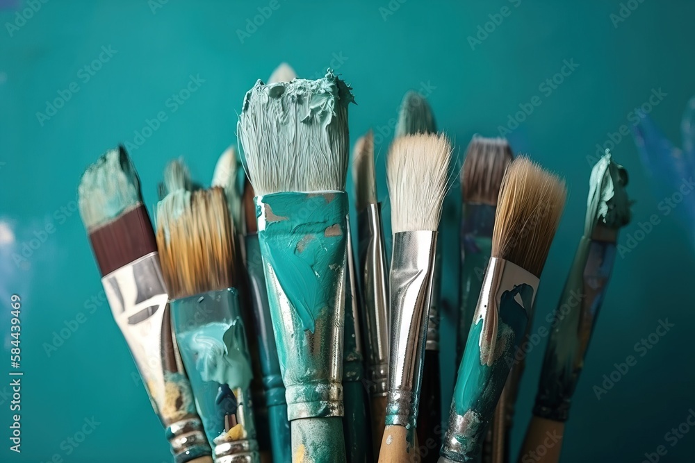  a bunch of paint brushes are sitting in a cup with some paint on its sides and one has a blue pain