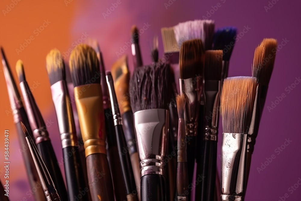  a close up of a bunch of brushes in a cup with a purple wall in the background and a purple wall in