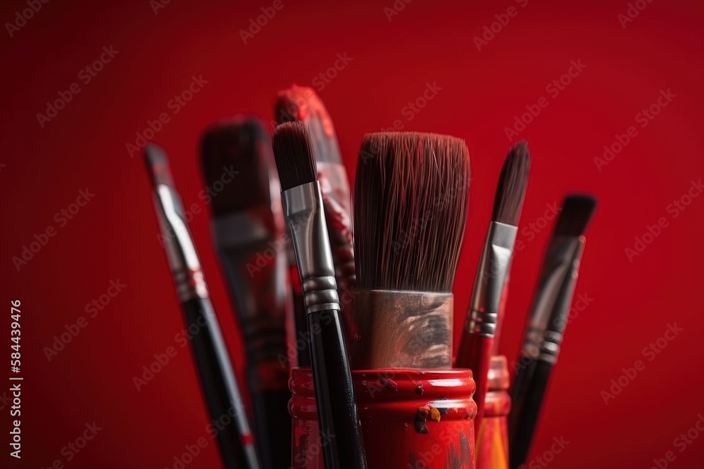  a red cup filled with lots of brushes and a brush holder filled with paintbrushes on a red surface 