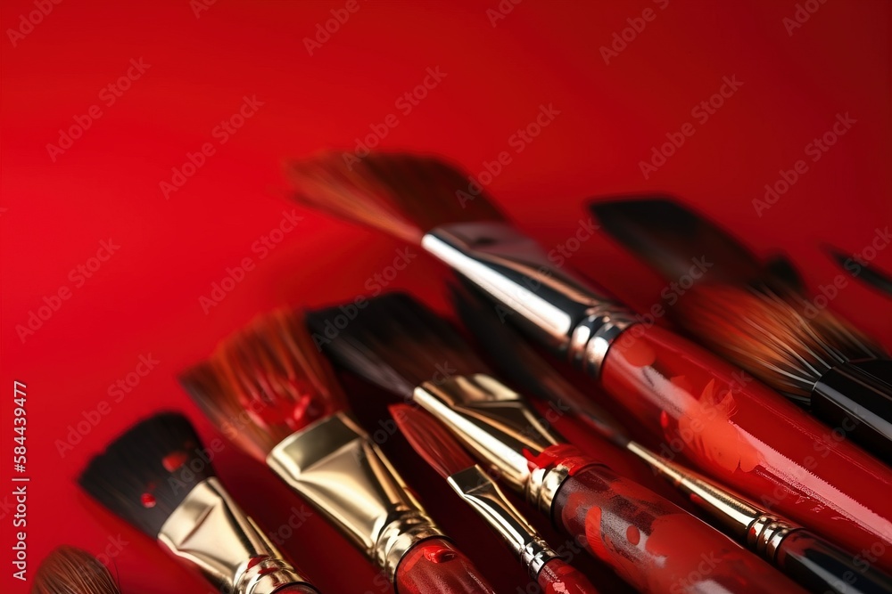  a close up of a bunch of brushes on a red background with a red background behind it and a red back