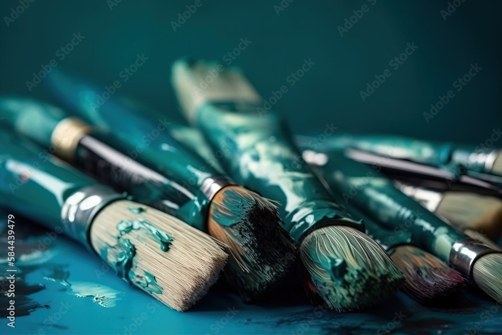  a group of paint brushes sitting on top of a blue table top next to a green wall and a black wall b