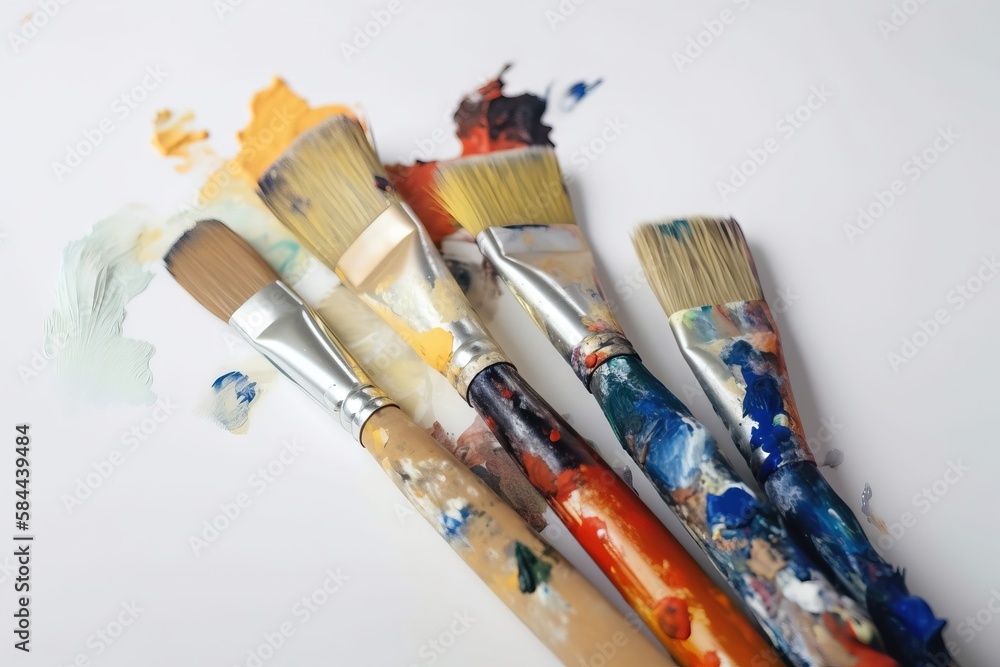  three paintbrushes are sitting next to each other on a white surface with paint splatters all over 