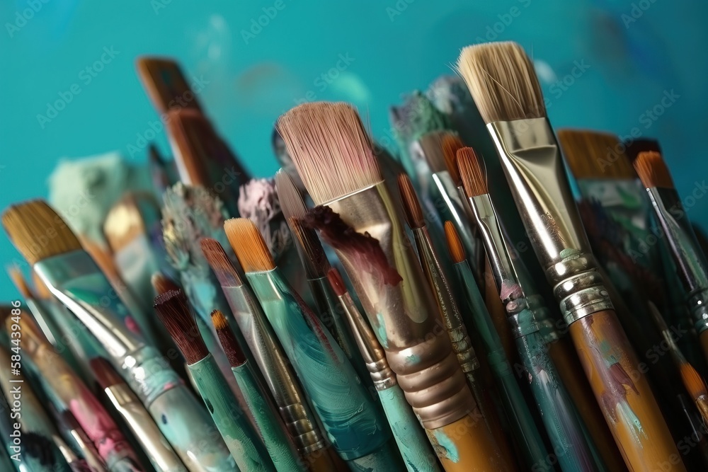  a close up of a bunch of brushes in a cup with a blue background and a teddy bear on the side of th