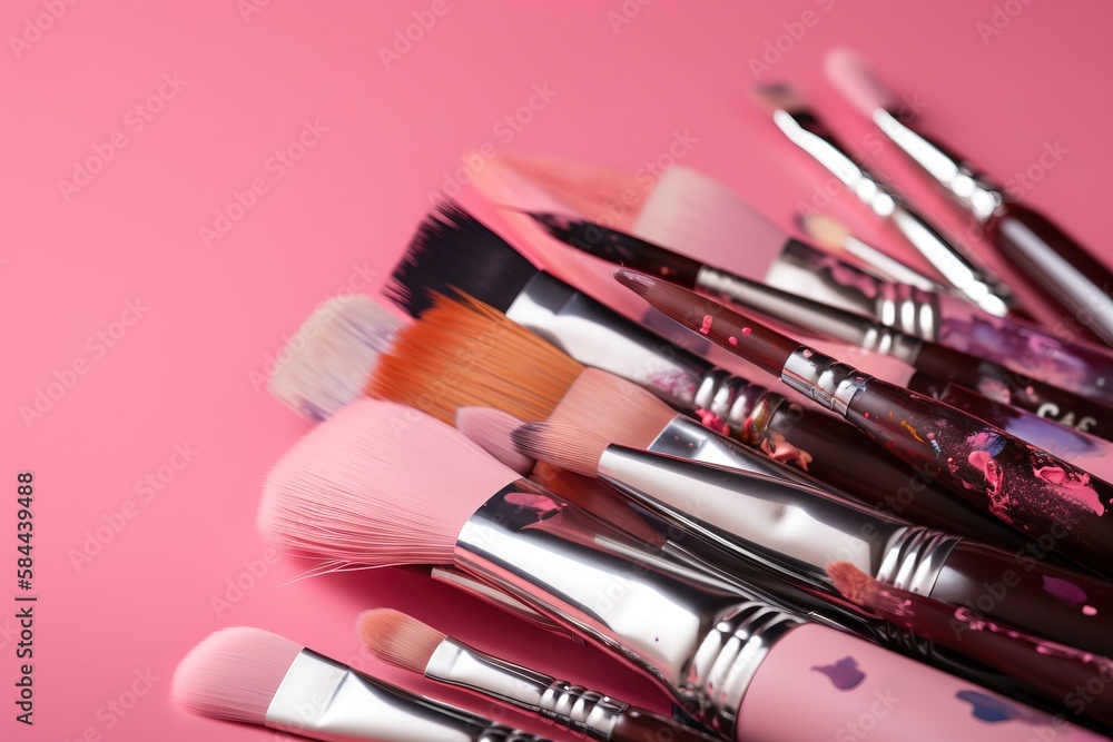  a close up of a bunch of brushes on a pink background with a pink background behind it and a pink b