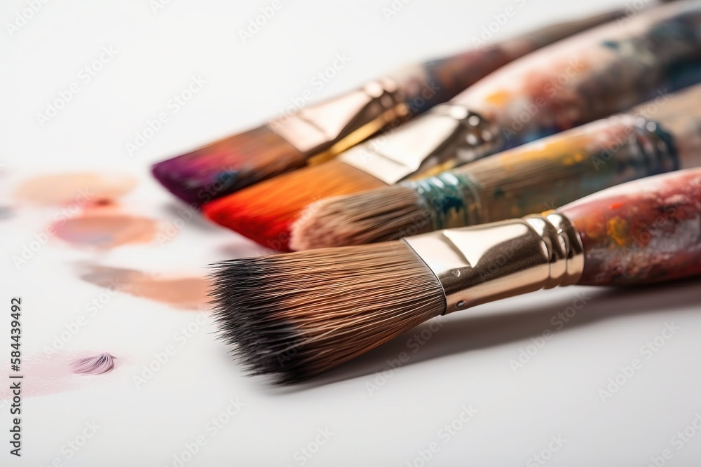  a close up of a group of paint brushes on a white surface with other paint brushes in front of it a