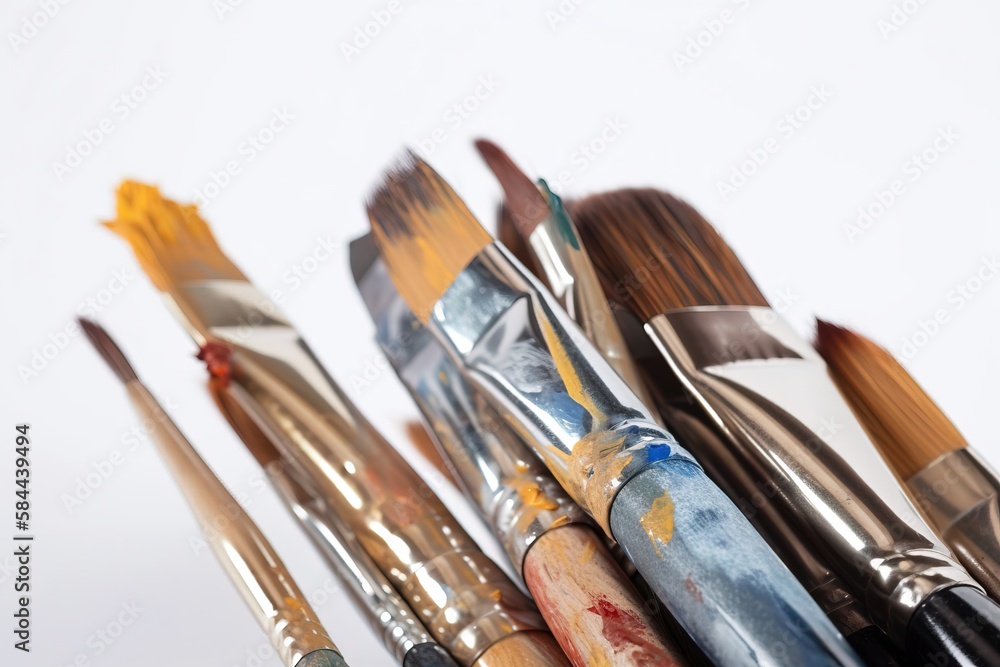  a bunch of paint brushes sitting on top of each other on a white surface with a white background be