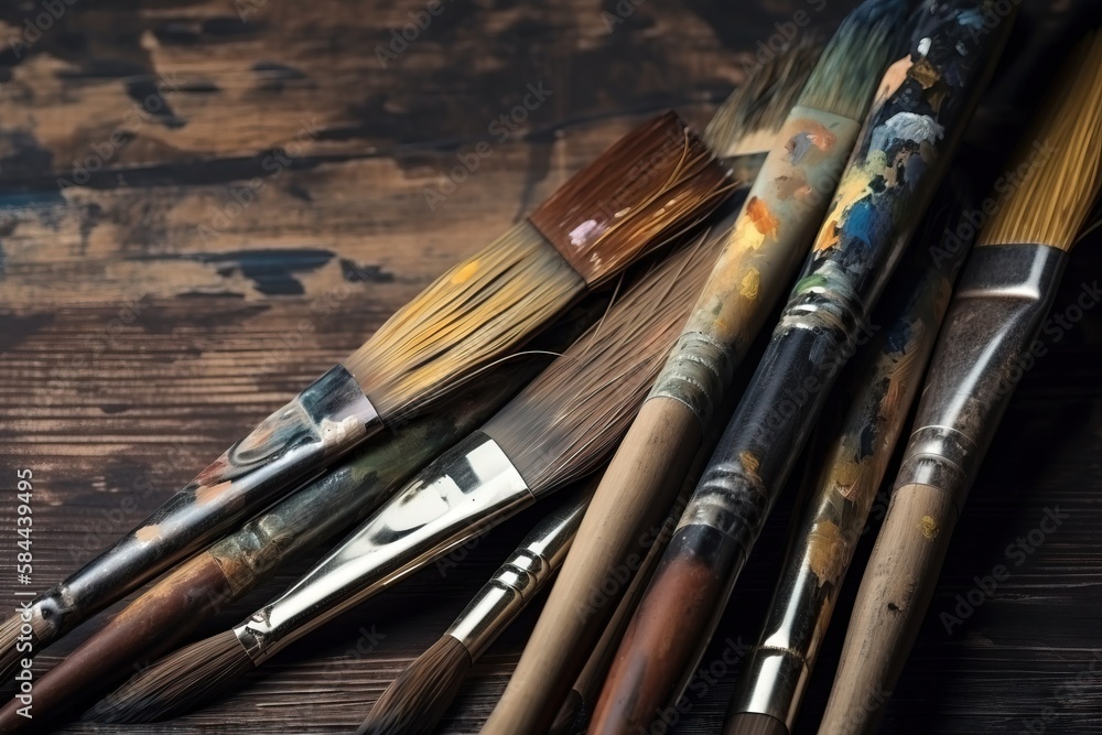  a group of paint brushes sitting on top of a wooden table next to each other on top of a wooden tab