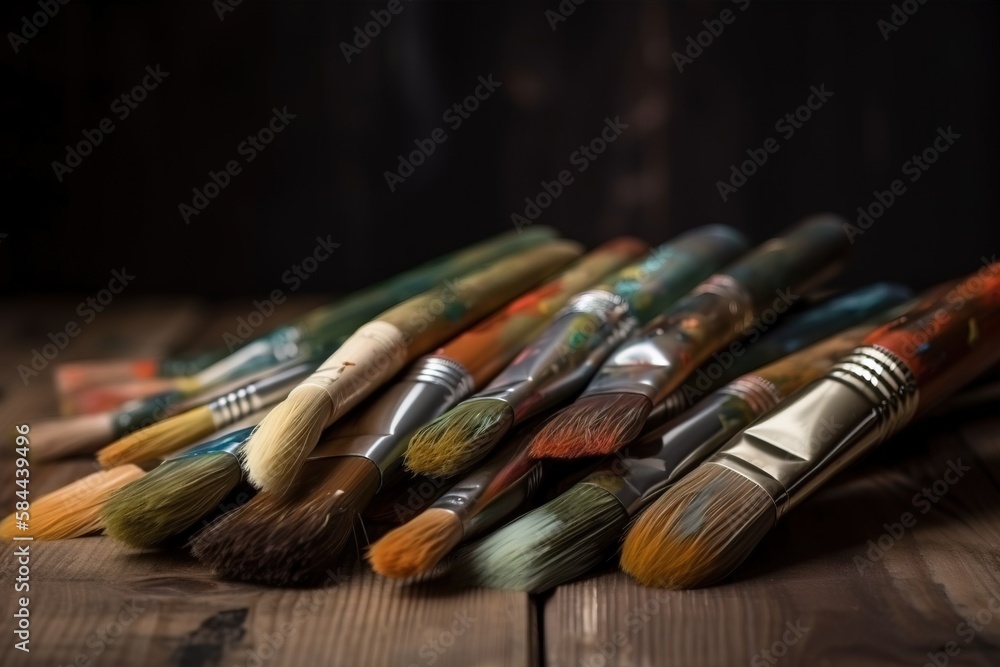  a bunch of paint brushes sitting on top of a wooden table next to each other on top of a wooden tab