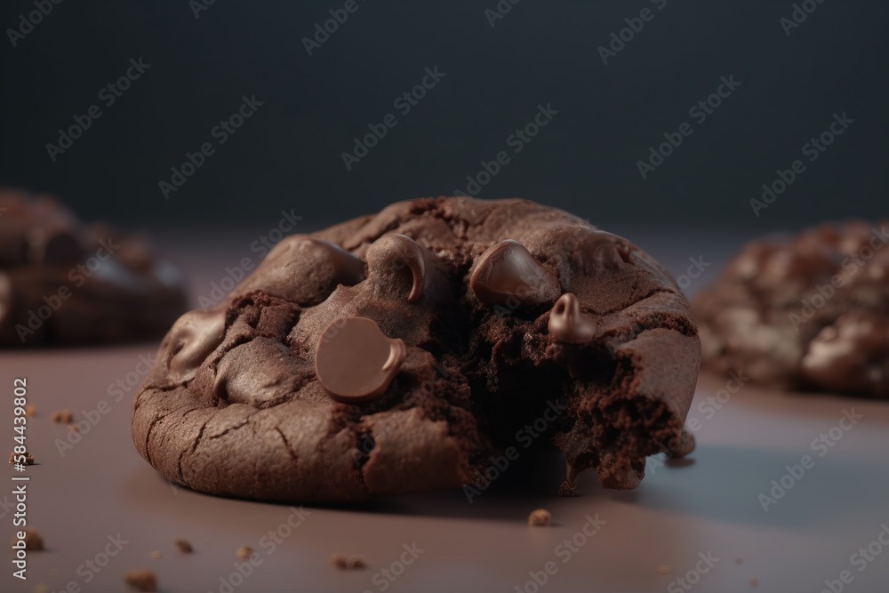  a close up of a chocolate cookie with chocolate chips on the side of it and a bite taken out of it 