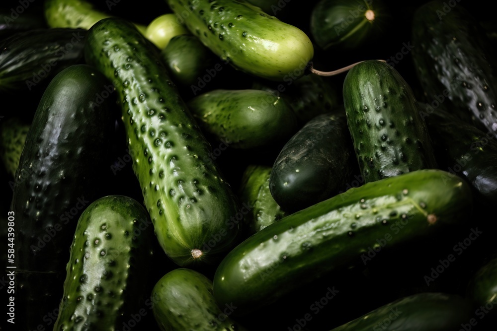  a pile of cucumbers sitting next to each other on top of each other on a black surface with green s