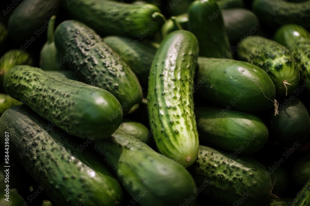  a pile of cucumbers sitting next to each other on a counter top in front of a pile of other cucumbe