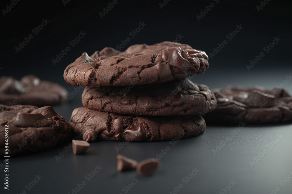  a stack of chocolate cookies with chocolate chips on the side of it and a few more cookies on the o