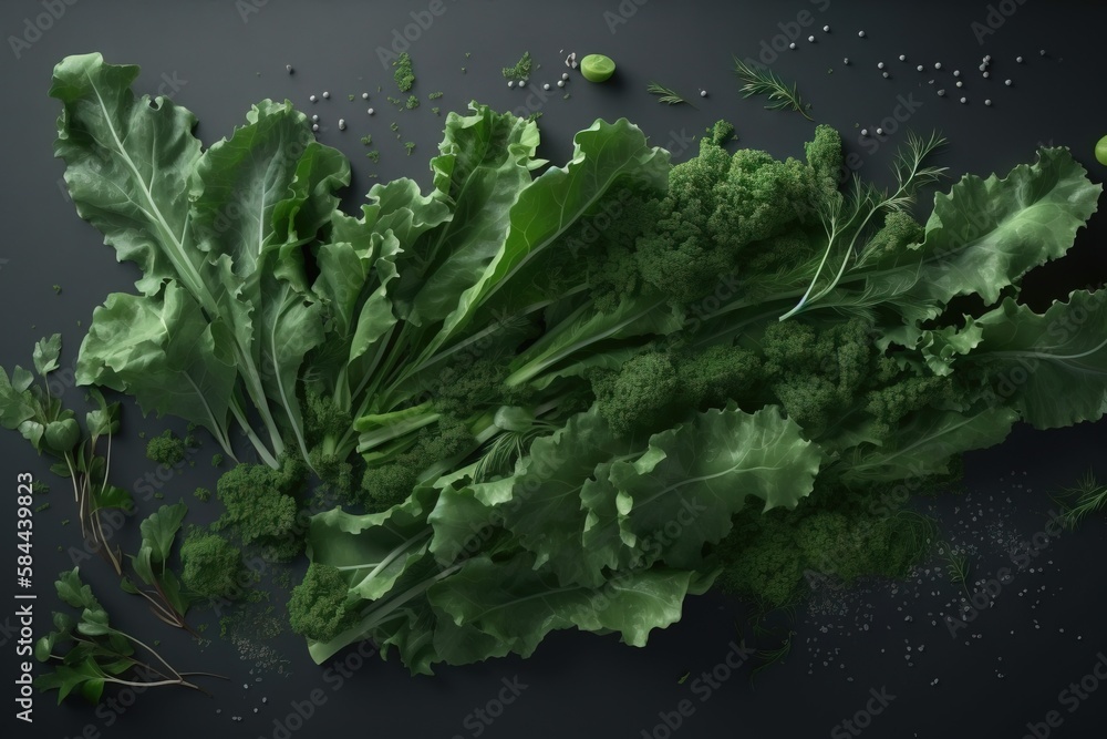  a bunch of green leafy vegetables on a black surface with sprinkles on them and a sprig of broccoli