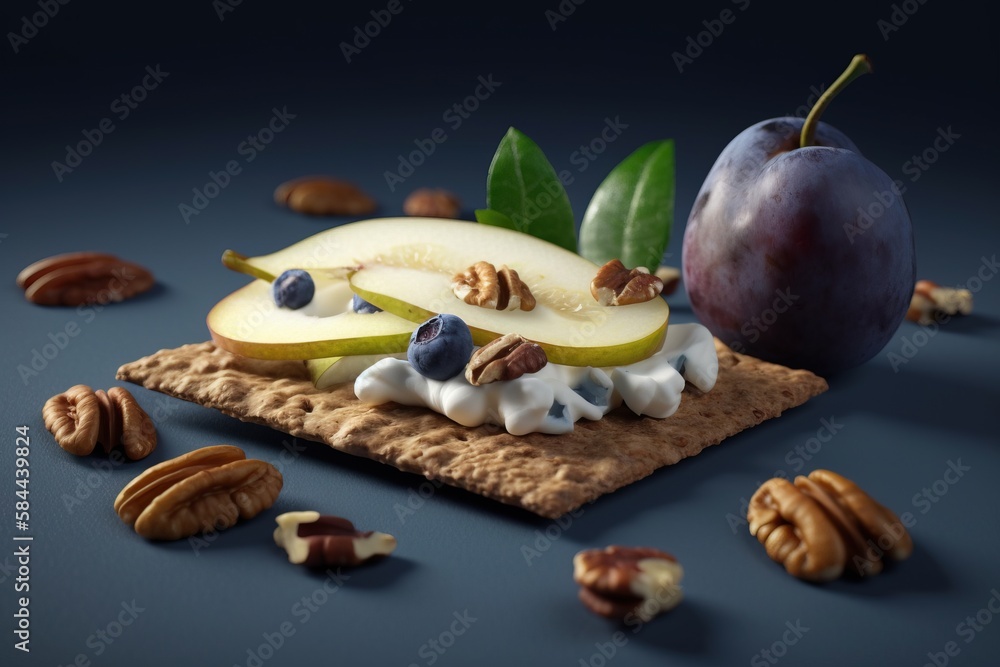  a piece of cracker topped with fruit and nuts next to a piece of fruit on a cracker with leaves and