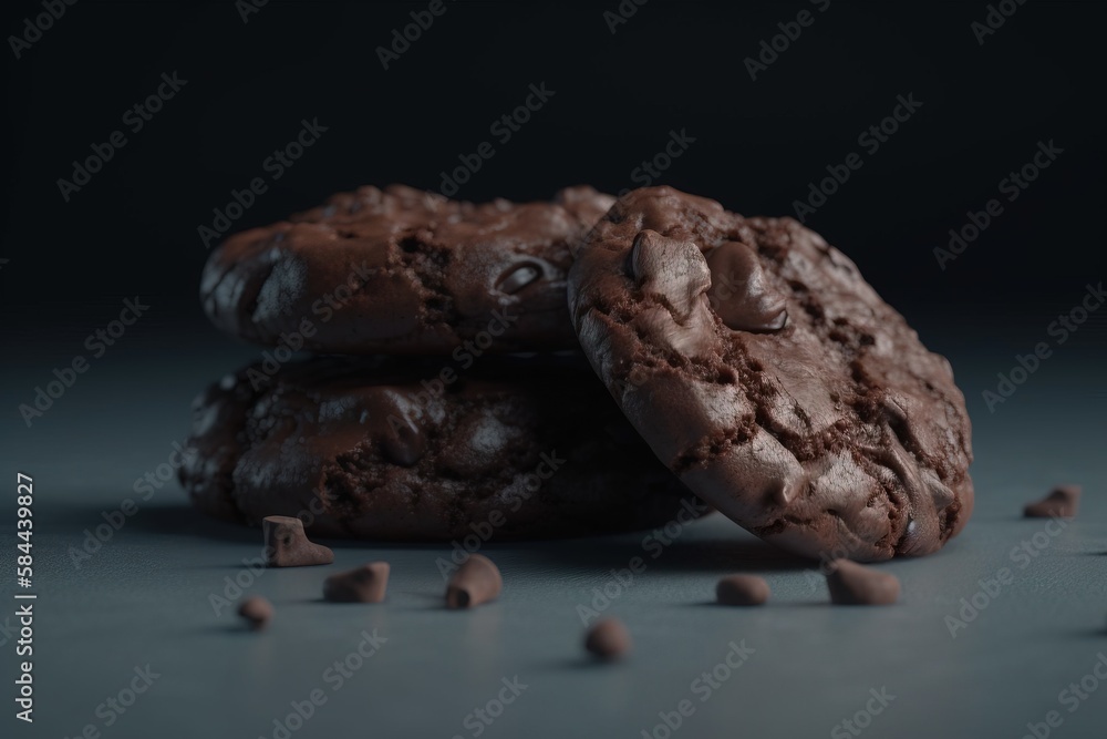  two chocolate cookies with chocolate chips on a dark surface with a few scattered chocolate chips a