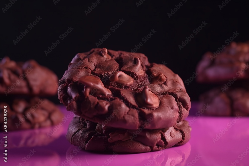  a close up of a chocolate cookie on a pink surface with other cookies in the background and one coo