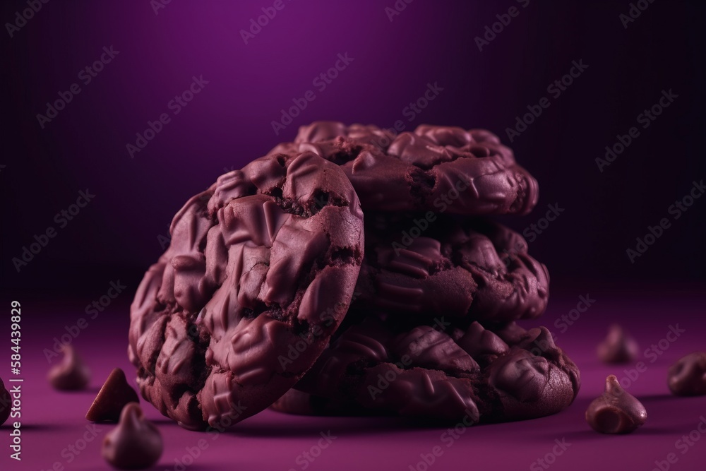  a pile of chocolate covered cookies sitting on top of a purple tablecloth covered in chocolate chip