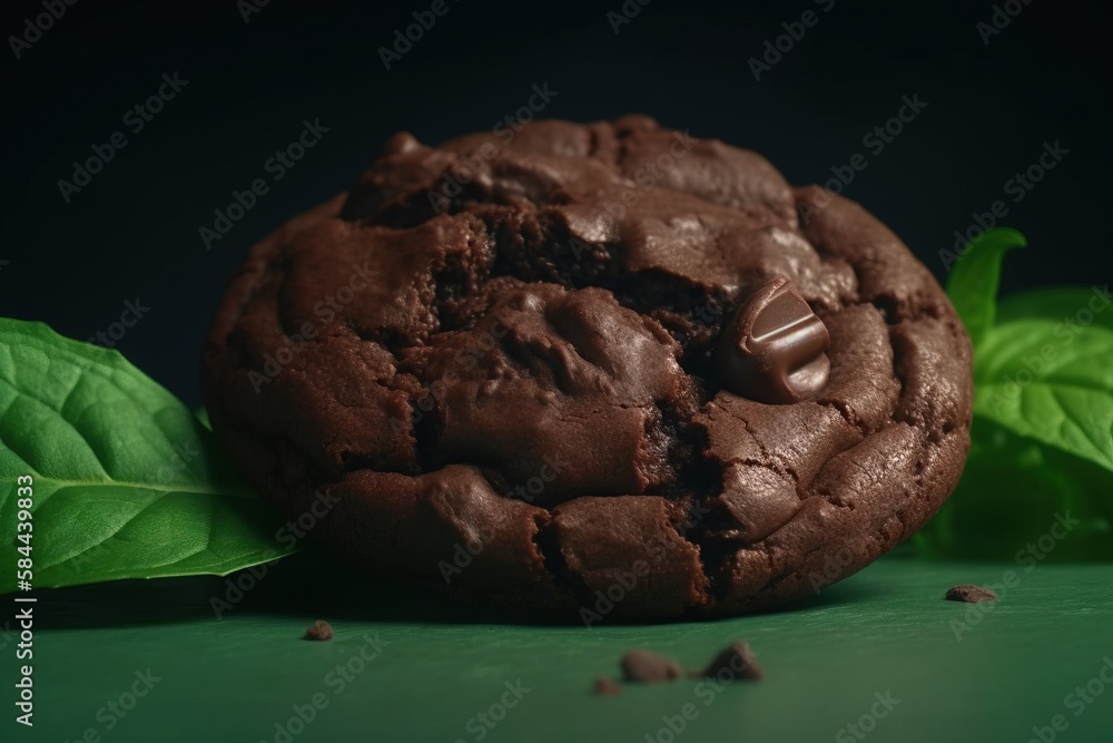  a chocolate cookie with a bite taken out of it sitting on a green surface next to a leafy green pla