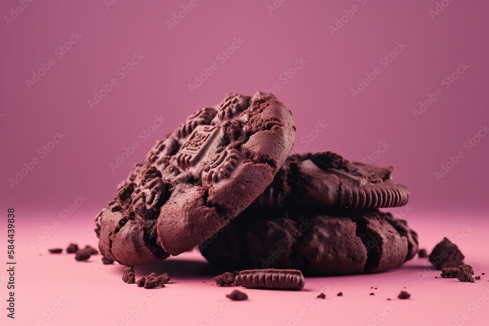  a pile of cookies sitting on top of a pink table top next to a pile of oreos on top of a pink table