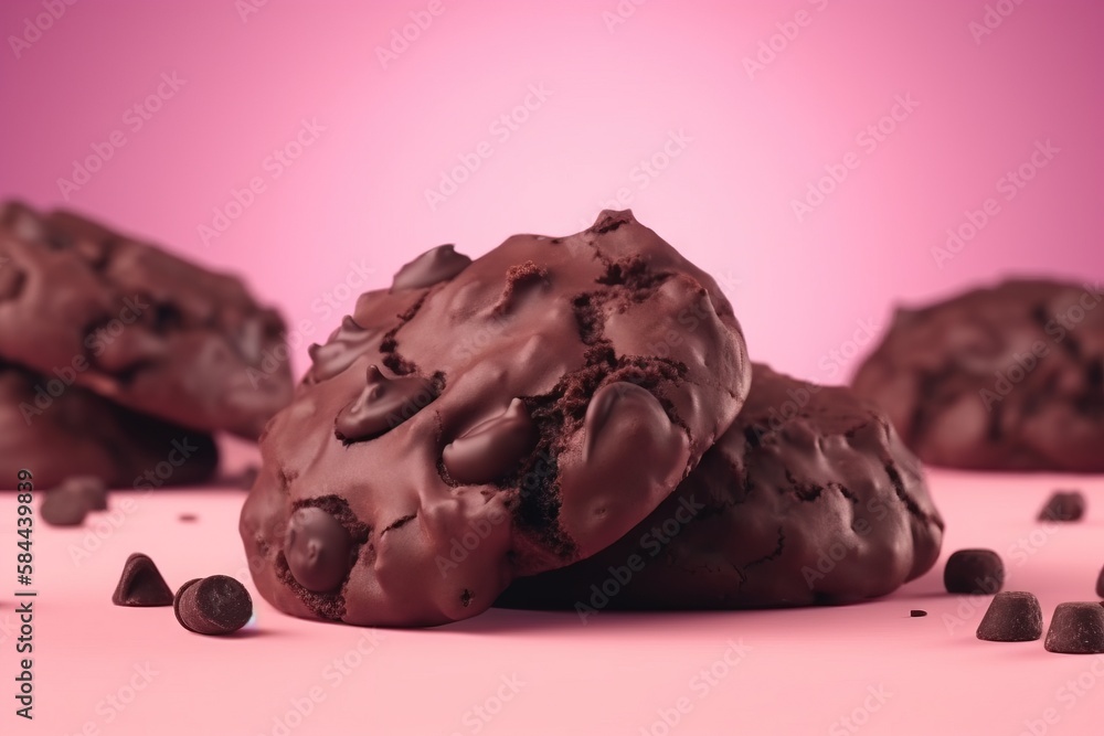  a pile of chocolate cookies sitting on top of a pink tablecloth with chocolate chips scattered arou