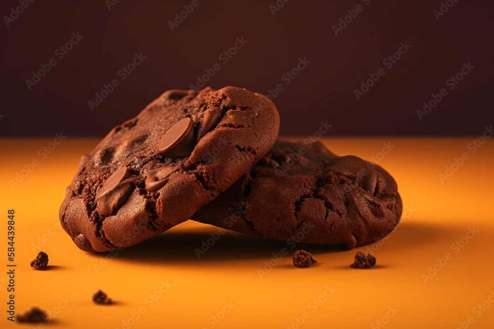  two chocolate cookies with chocolate chips on an orange background with a brown background behind t