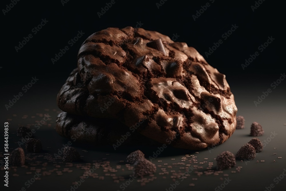  a chocolate cookie with chocolate chips on a black surface with a dark background and a few more sc