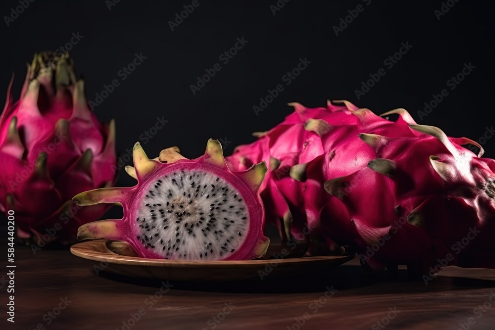  a dragon fruit cut in half sitting on a plate on a wooden table next to another piece of fruit on a