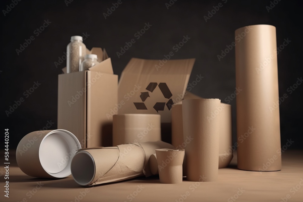  a group of cardboards and other items on a table with a black background and a recyclable recycleab