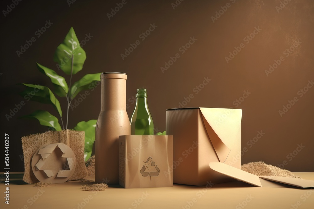  a group of bottles and boxes on a table with a plant in the corner of the picture and a cardboard b