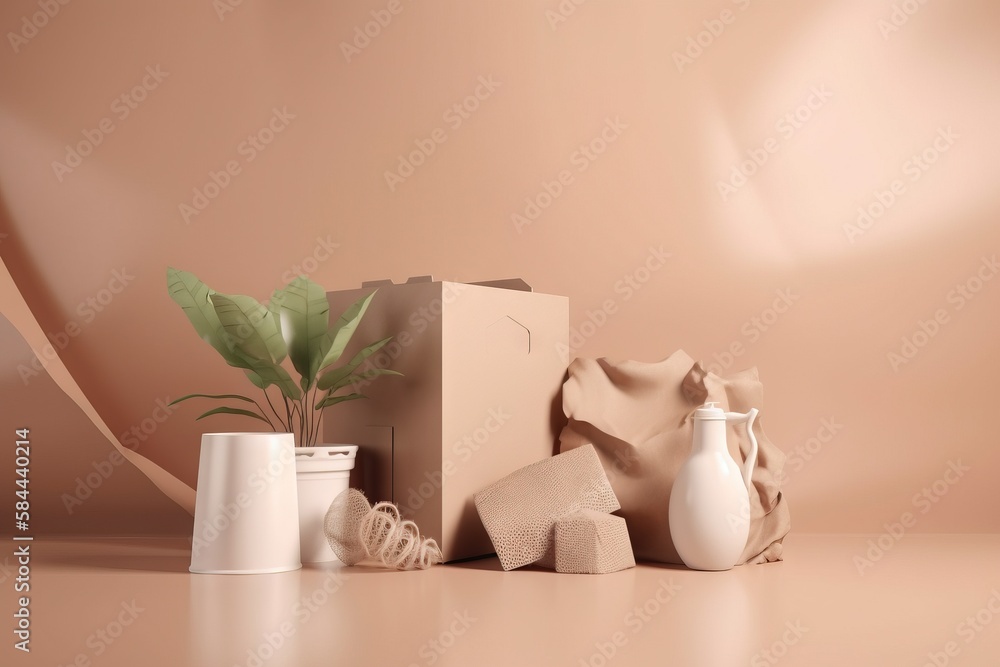  a box, vases, and a plant on a table with a pink wall in the background and a white vase with a gre