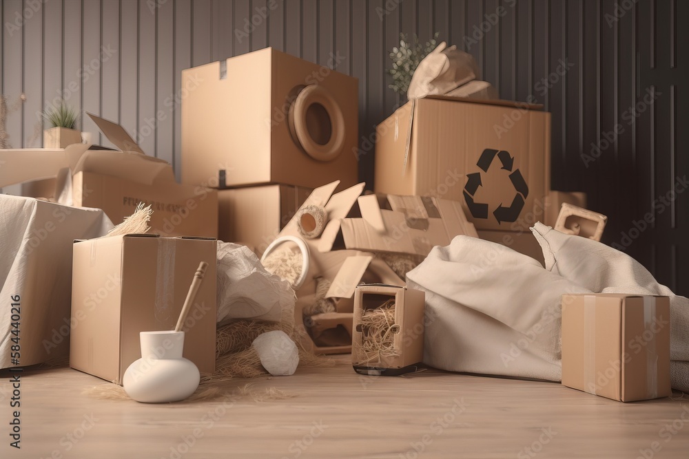  a pile of cardboard boxes and other items on the floor in a room with a striped wall and a wooden f