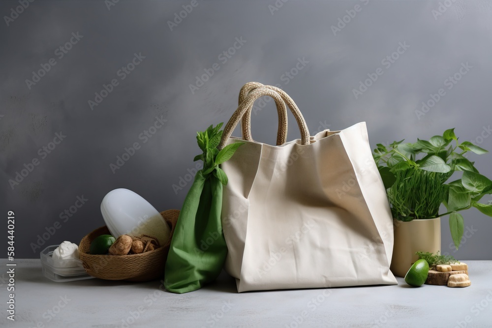  a bag sitting on top of a table next to a potted plant and a bottle of water and a bottle of water 