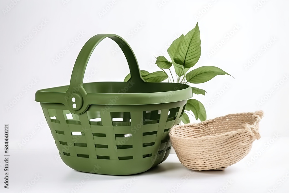  a green basket with a plant in it next to a woven basket with a plant in it on a white surface with