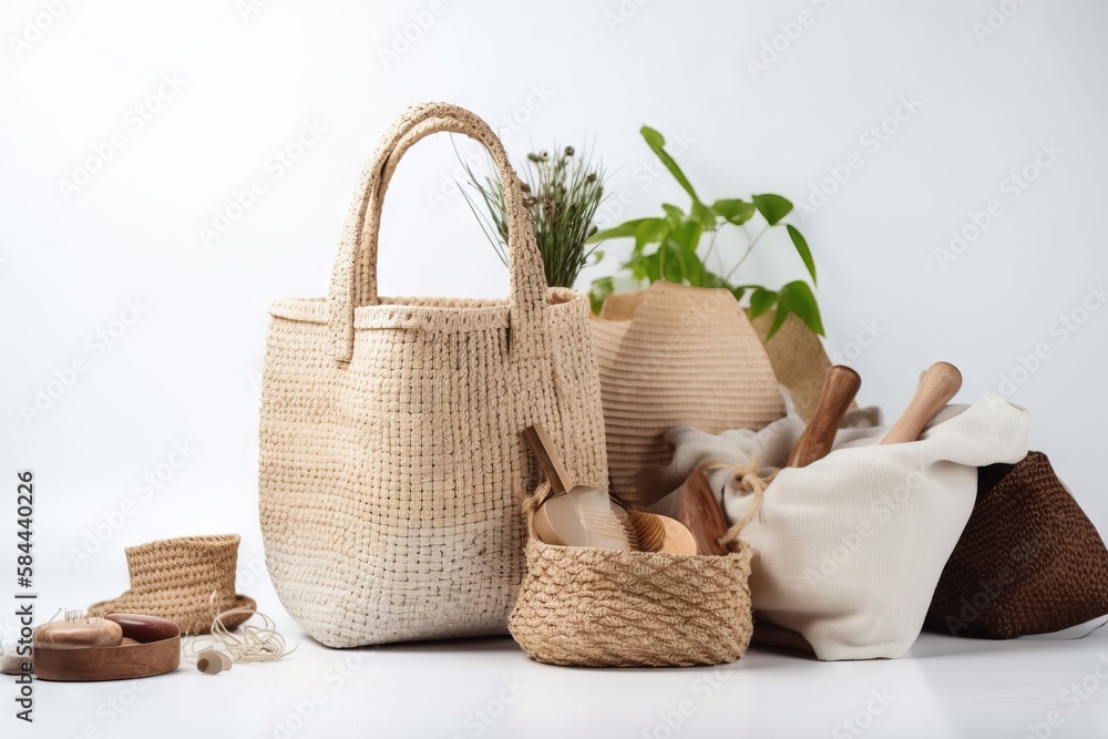  a collection of woven baskets and shoes on a white surface with a plant in the background and a pai