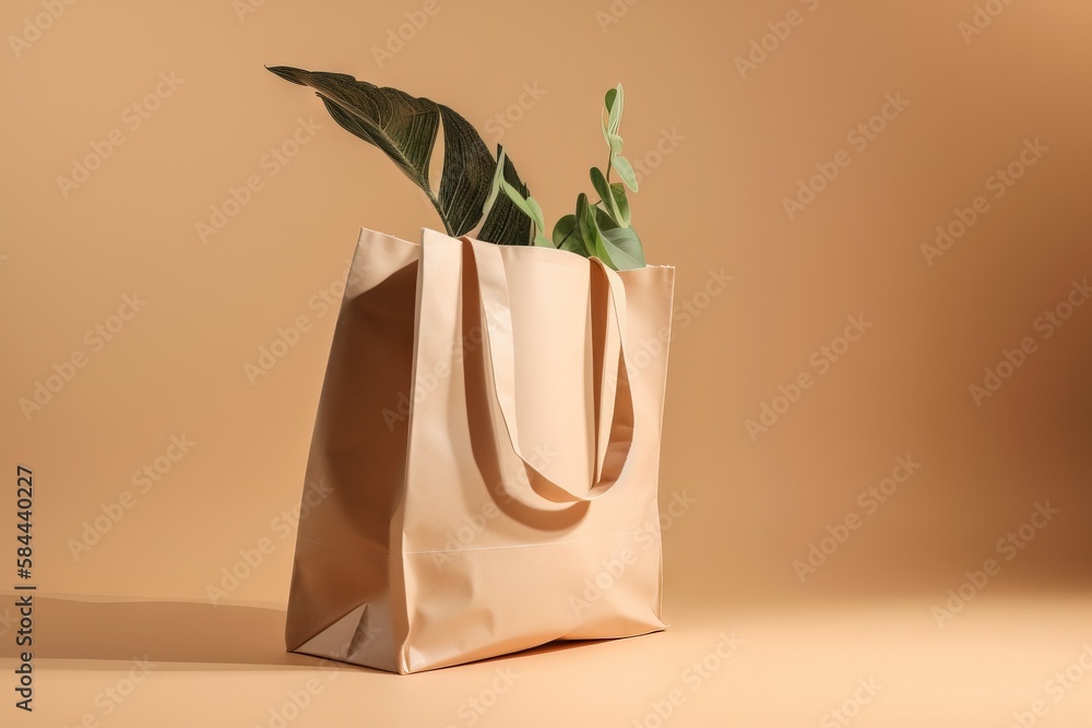  a brown bag with a plant in it on a tan surface with a light brown background and a light brown bac